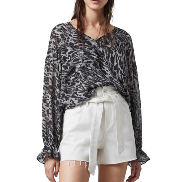 All Saints Tops - All Saints Penny Ambient Pale Grey Animal Print V-Neck Chiffon Top Size S NWT